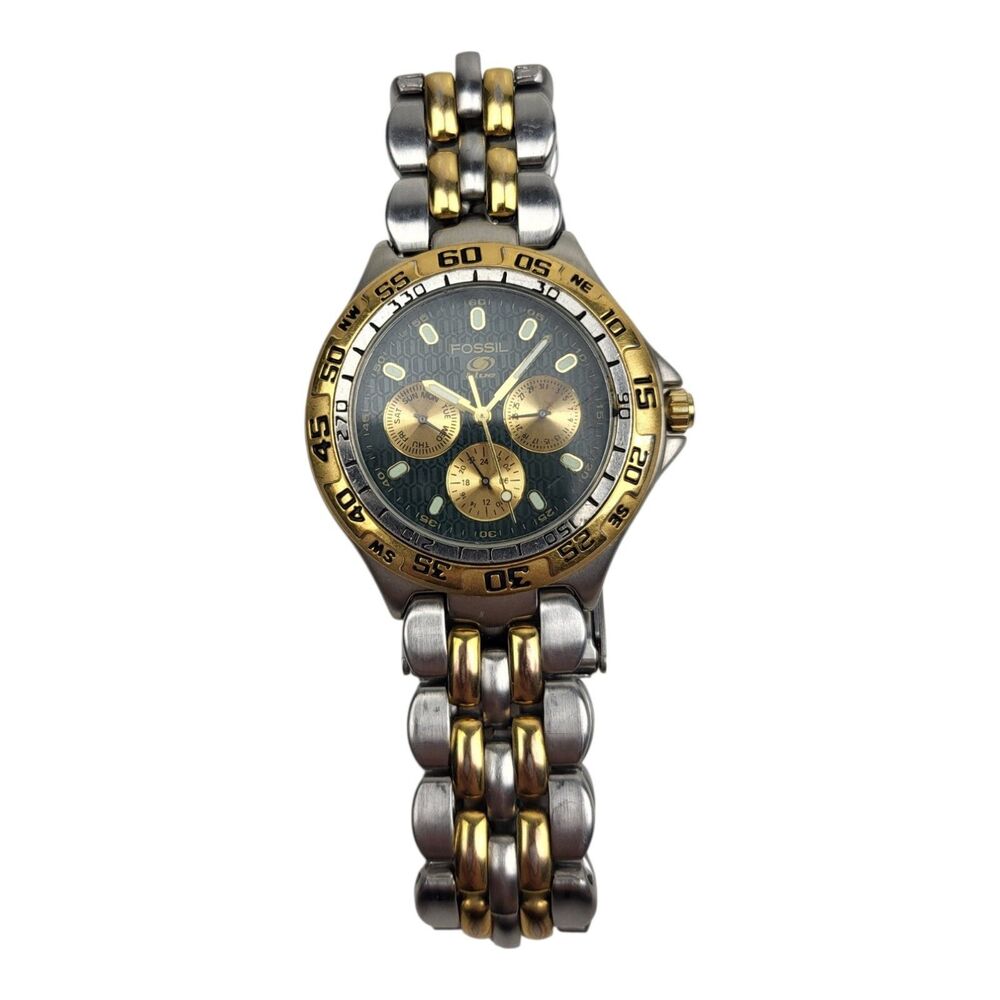 Vintage Fossil Blue BQ-8776 Mens 2 Tone Multifunction Watch Green Dial